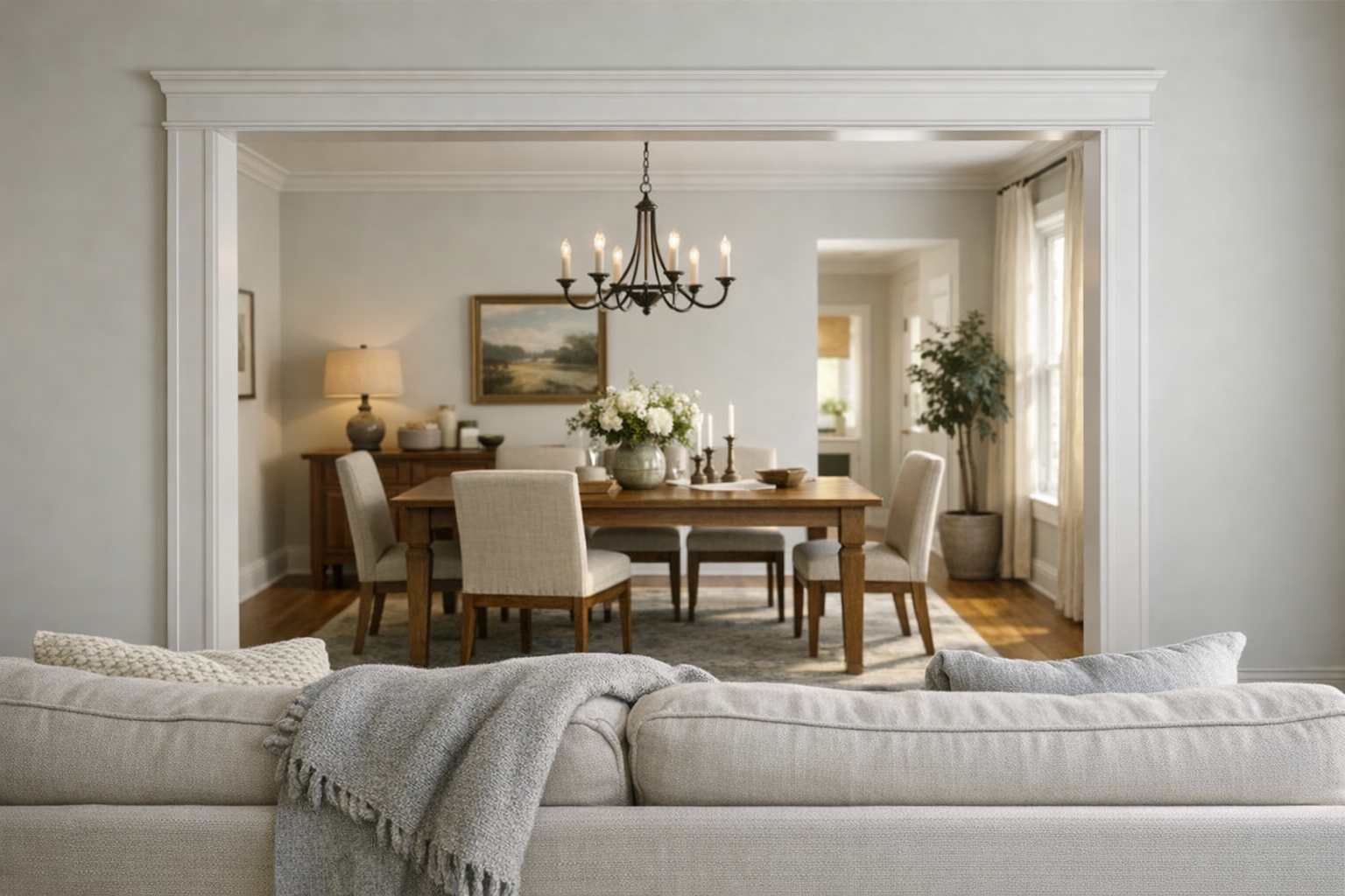 Shared sightline from living room to dining room