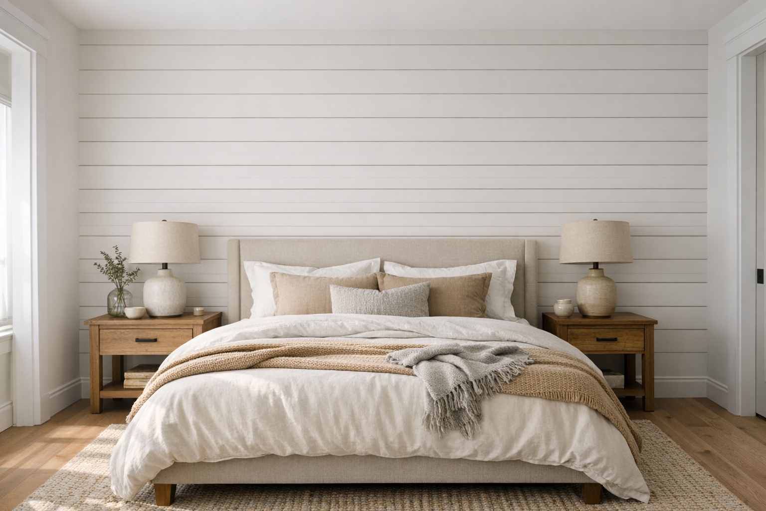Shiplap accent wall behind a bed